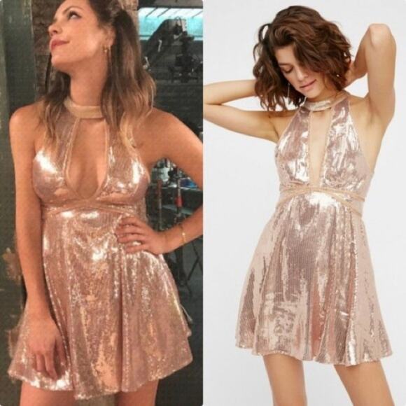 Free People Film Noir Sequin Mini Dress Rose Gold Halter Party Plunge 12 - Picture 1 of 10
